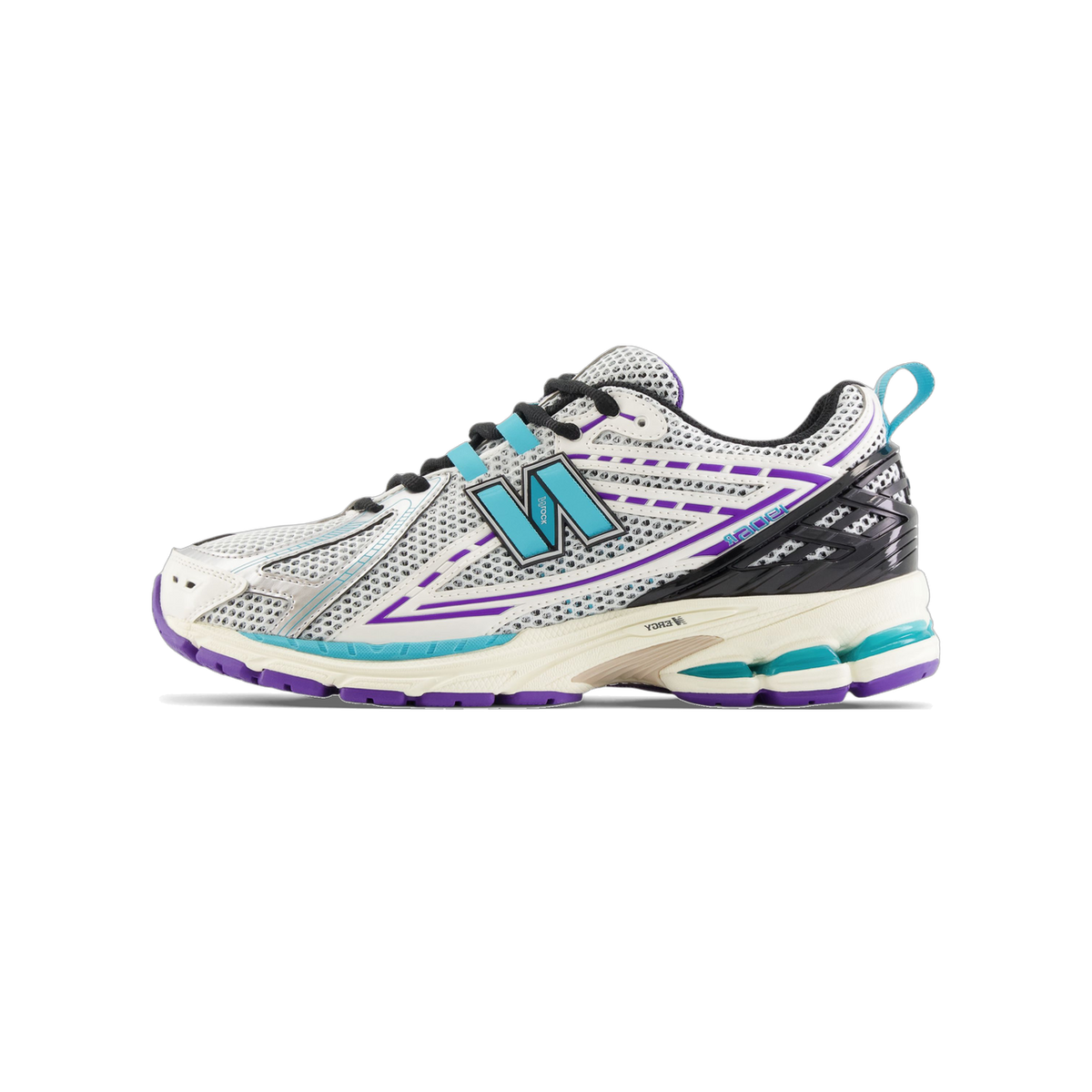 Side view of a white New Balance 1906R sneaker with purple accents, teal N logo, black heel panel, and teal-and-purple midsole, toe pointing left.