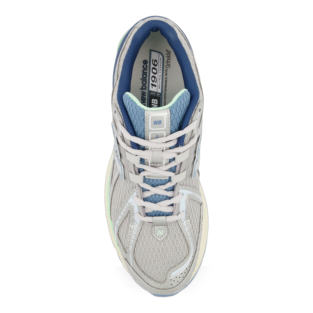 Top-down view of a gray New Balance 1906 sneaker with blue mesh tongue, blue heel lining, and light green trim details visible on the midsole