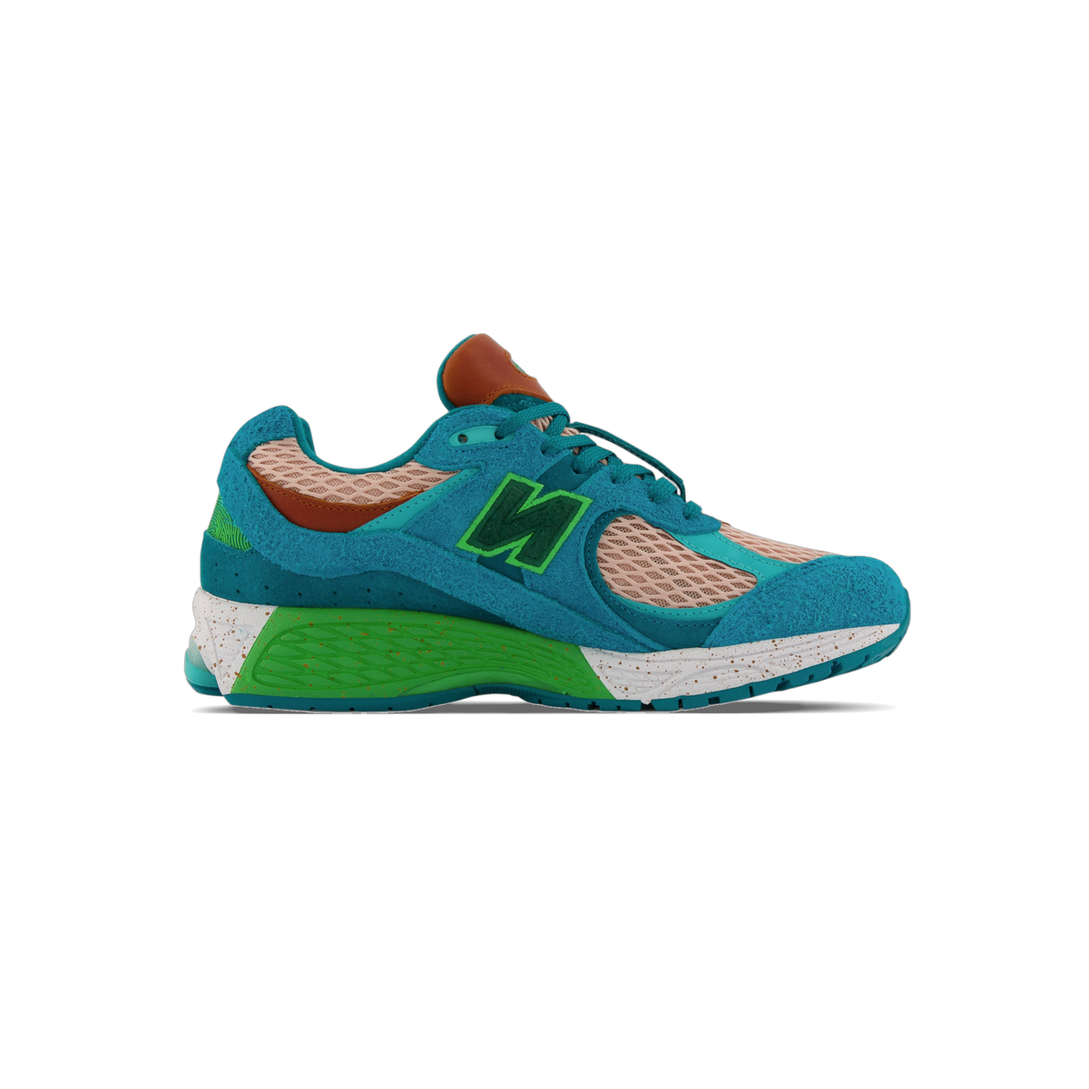 Left New Balance 2002R sneaker in teal suede and pink mesh with green N logo and speckled white and green midsole, toe pointing left.