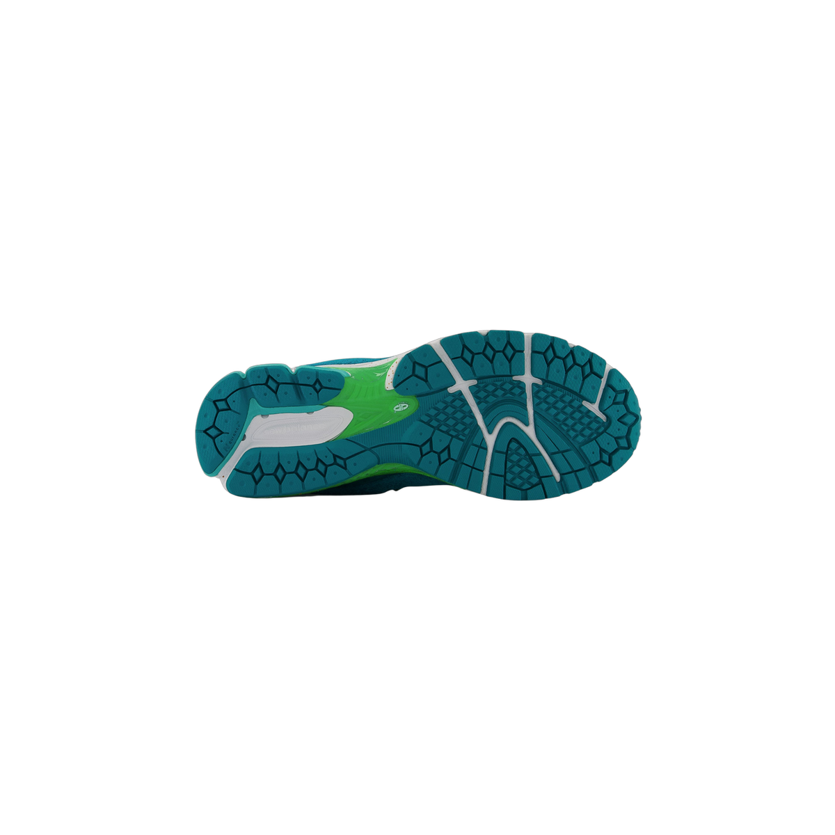 Bottom view of a single sneaker showing a teal, green, and white outsole with a diamond-patterned tread and visible New Balance branding