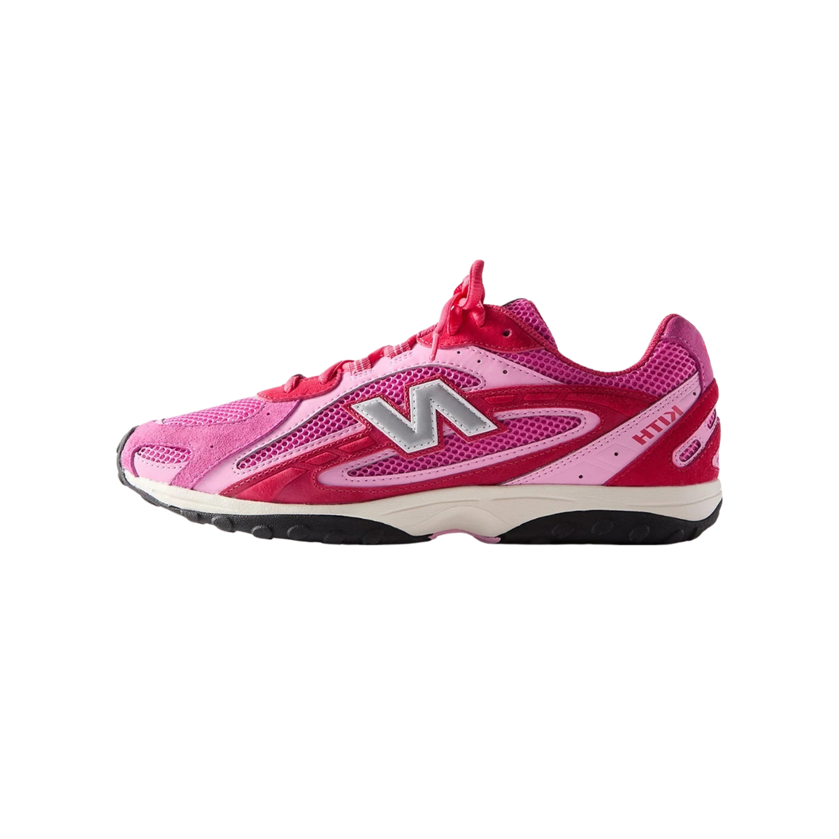 Side view of a pink and red New Balance 204L sneaker with silver N logo, white midsole, and black outsole, toe pointing left.
