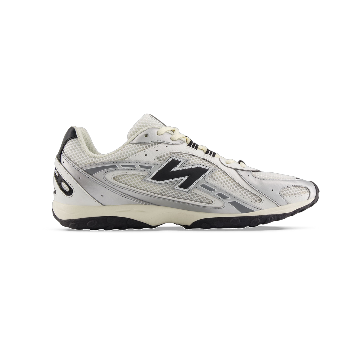 Side view of a New Balance 204L sneaker in silver metallic and black with mesh upper, black N logo, and cream midsole with black outsole
