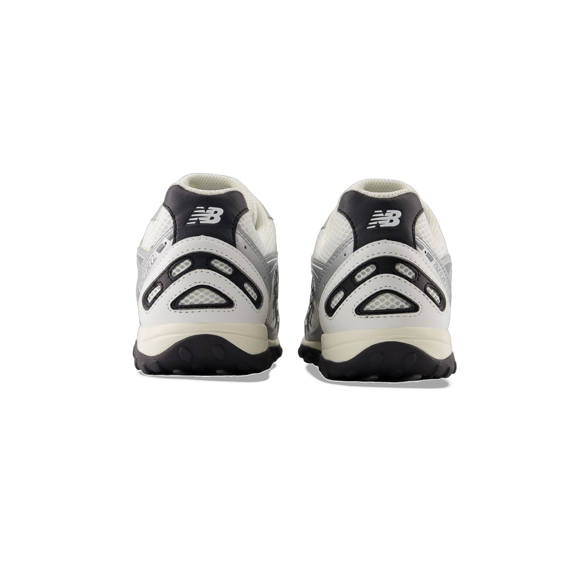 Rear view of a pair of New Balance 204L sneakers in silver, black, and off-white with visible NB heel logos and lugged black outsoles.