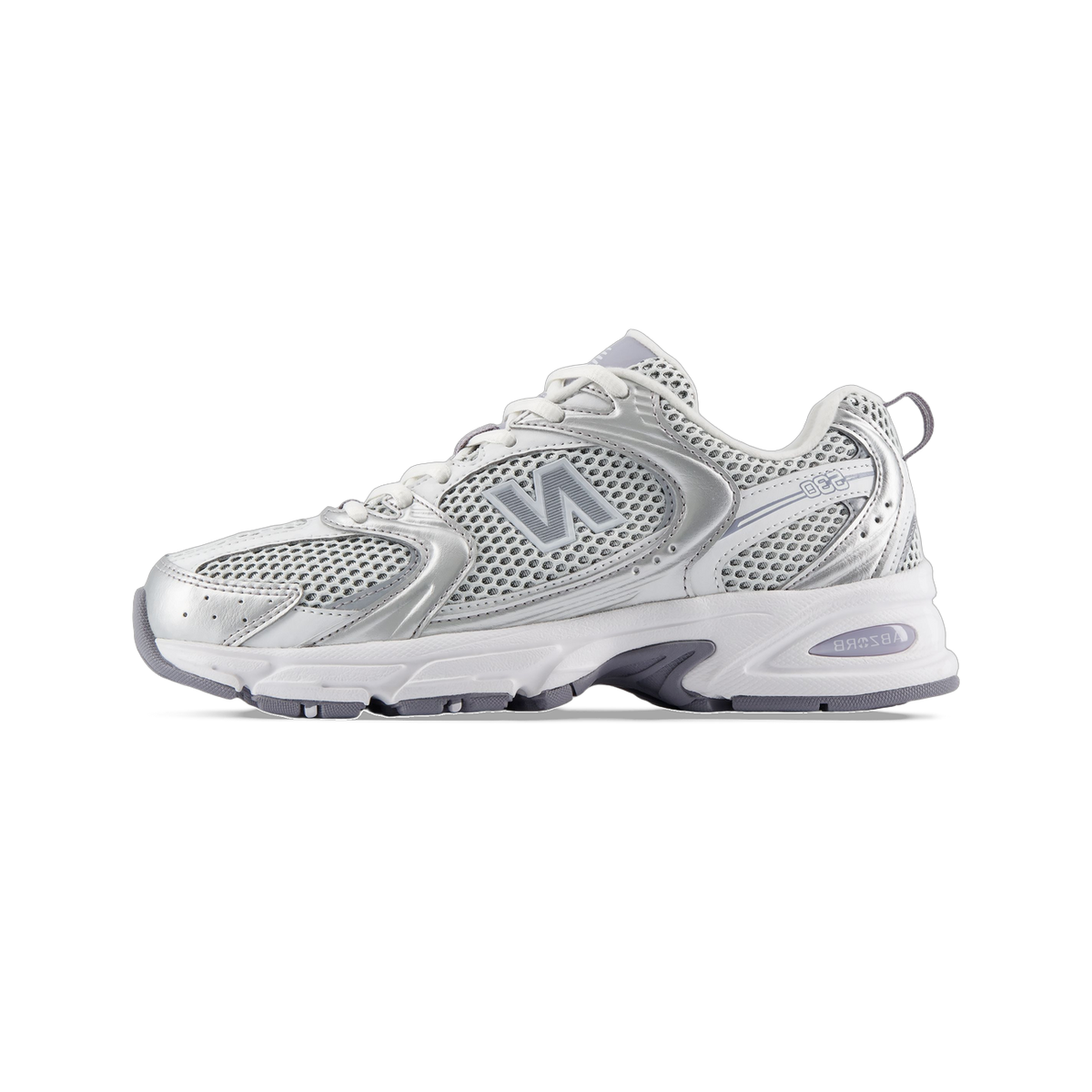 Side view of a New Balance 530 sneaker in silver and white mesh with metallic silver overlays, gray N logo, and white ABZORB midsole with gray outsole.