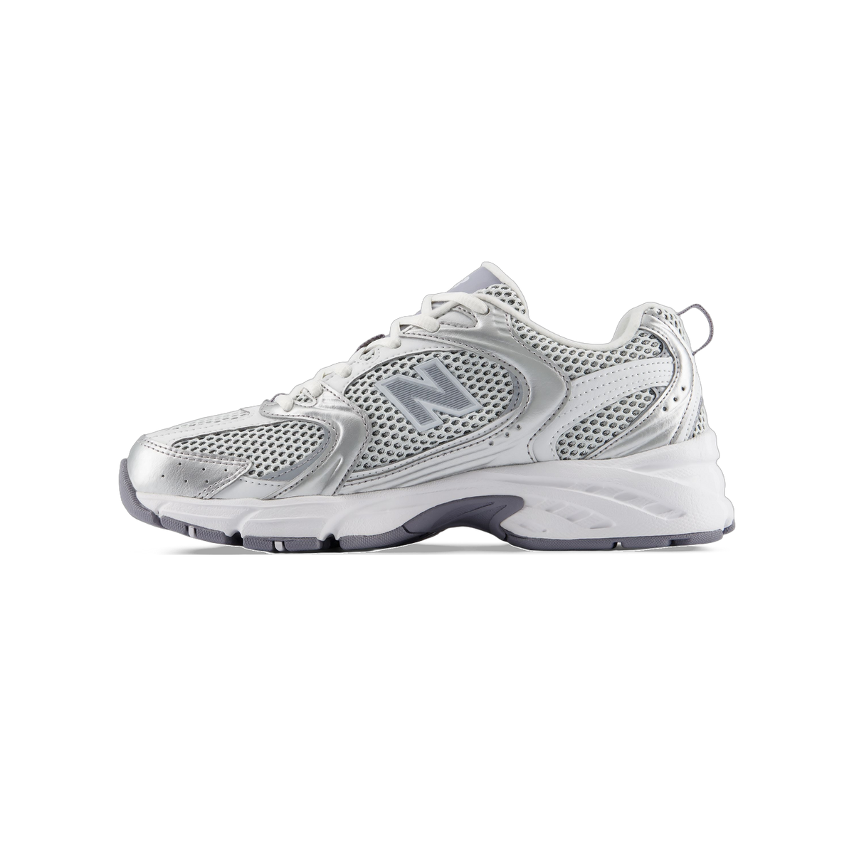 Left New Balance 530 sneaker in silver and white with mesh upper and gray N logo, shown from the side with toe pointing left.