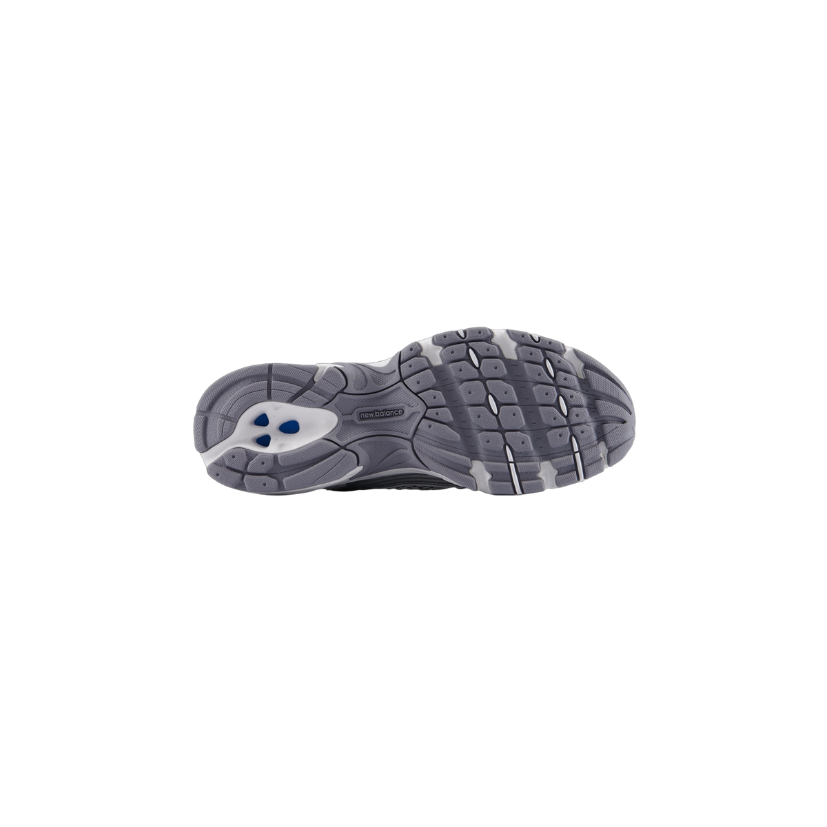 Bottom view of a gray New Balance 530 sneaker showing the textured outsole tread pattern with New Balance logo and a blue accent near the heel.