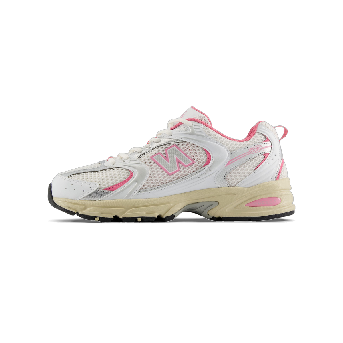 Side view of a white New Balance 530 sneaker with pink accents and pink N logo, mesh upper, and tan midsole with pink ABZORB cushioning visible on the heel.