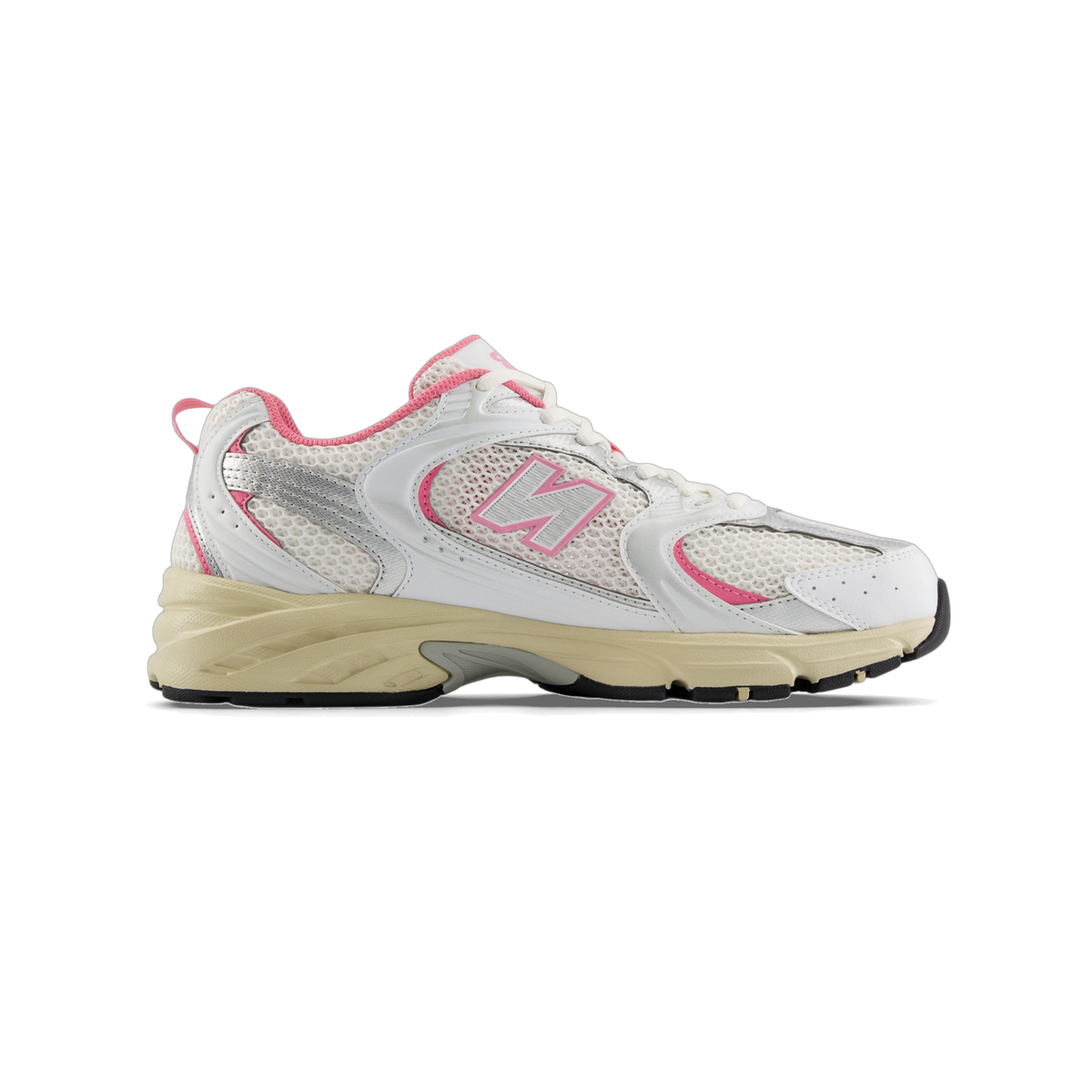 Side view of a white New Balance 530 sneaker with pink accents, silver overlays, mesh upper, and a cream midsole with black outsole, toe pointing left