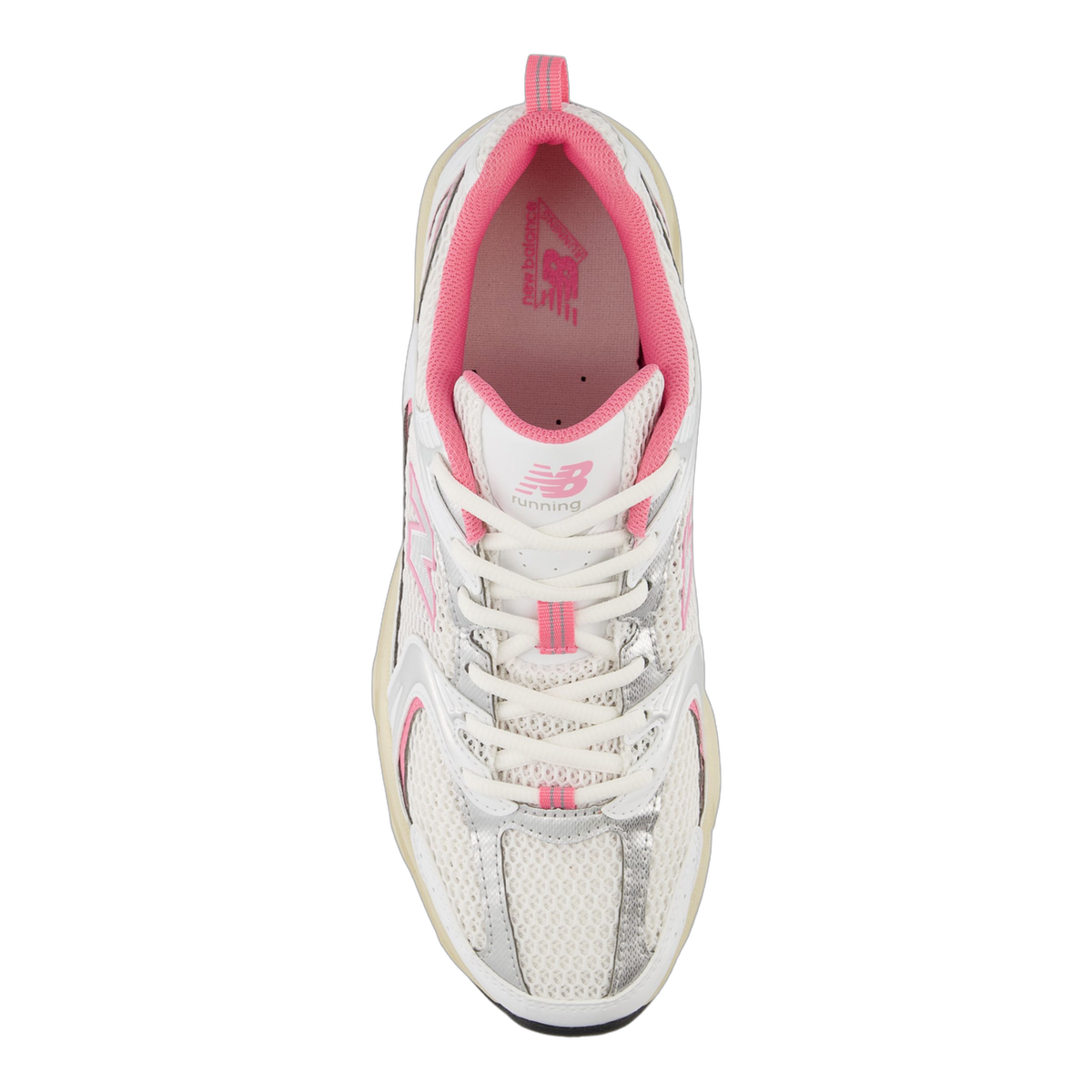 Top-down view of a white New Balance 530 sneaker with pink accents on the tongue, heel pull tab, and side logo, plus silver overlays
