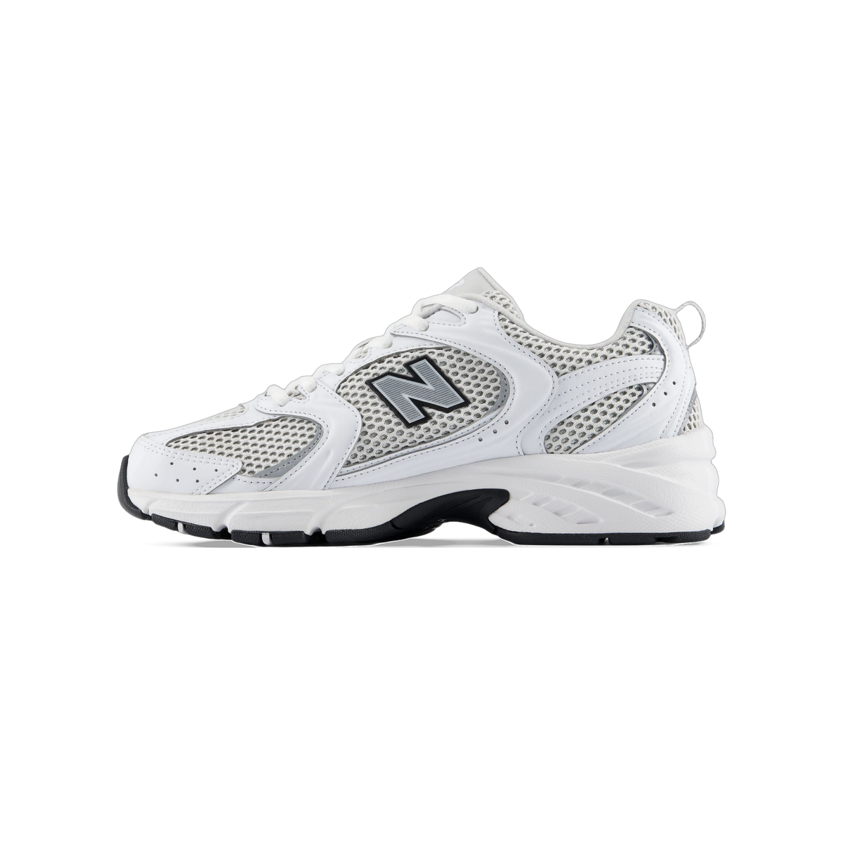 Side view of a white New Balance 530 sneaker with silver mesh panels, grey N logo, and a black and white midsole with black outsole, toe pointing left.