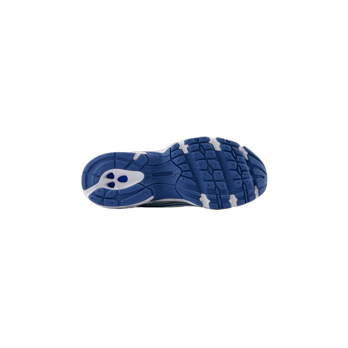 Bottom view of a blue and white New Balance 740 sneaker showing the textured rubber outsole tread pattern and New Balance logo