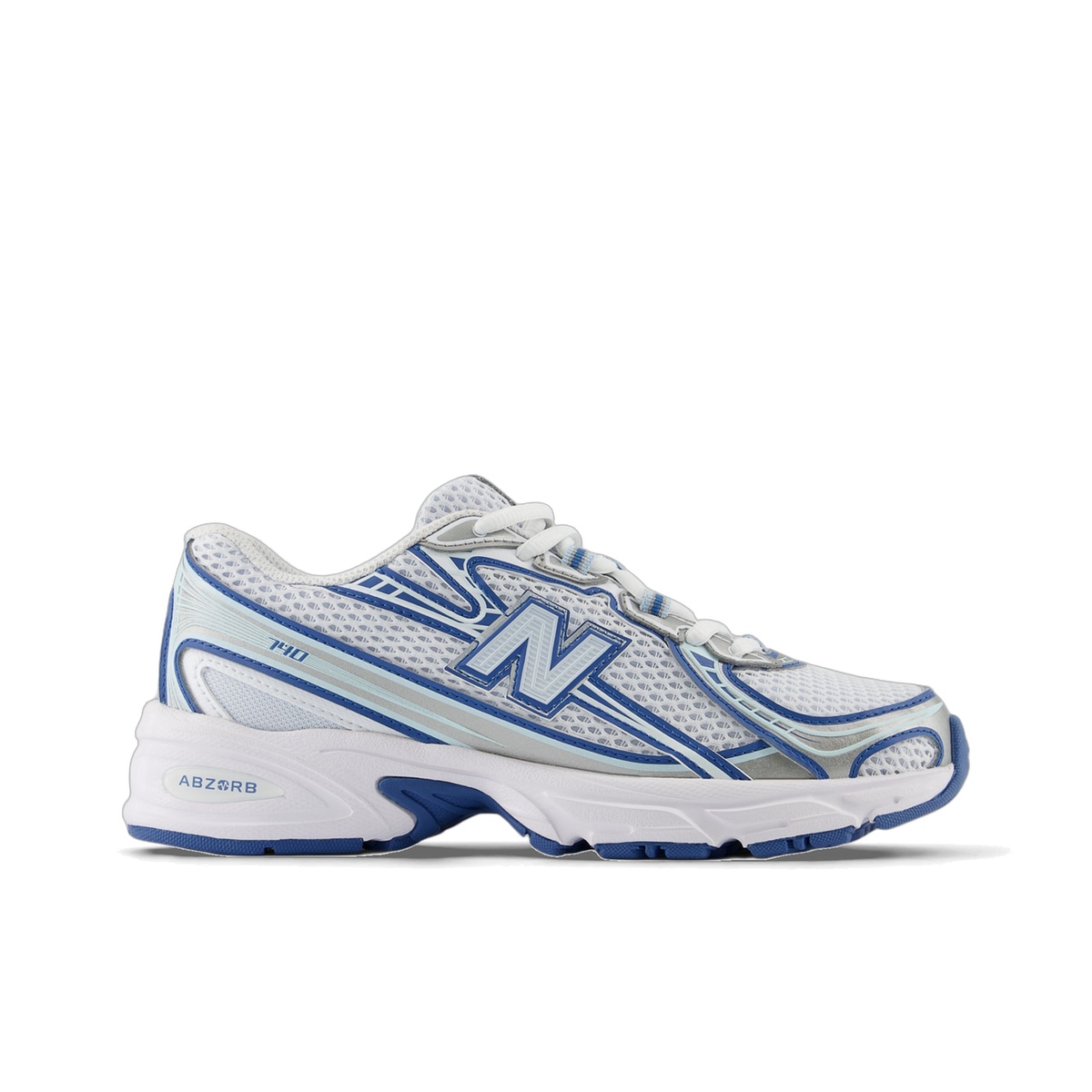 Lateral view of a white New Balance 740 sneaker with blue overlays, a blue N logo, white laces, and a white and blue ABZORB midsole, toe pointing left.