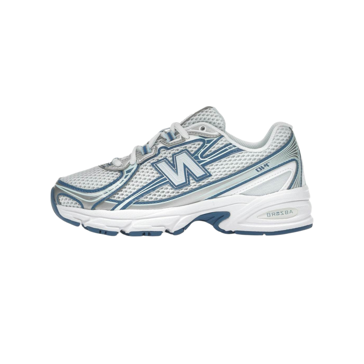 Side view of a white New Balance 740 sneaker with blue outline logo and accents, toe pointing left, on a white chunky sole.