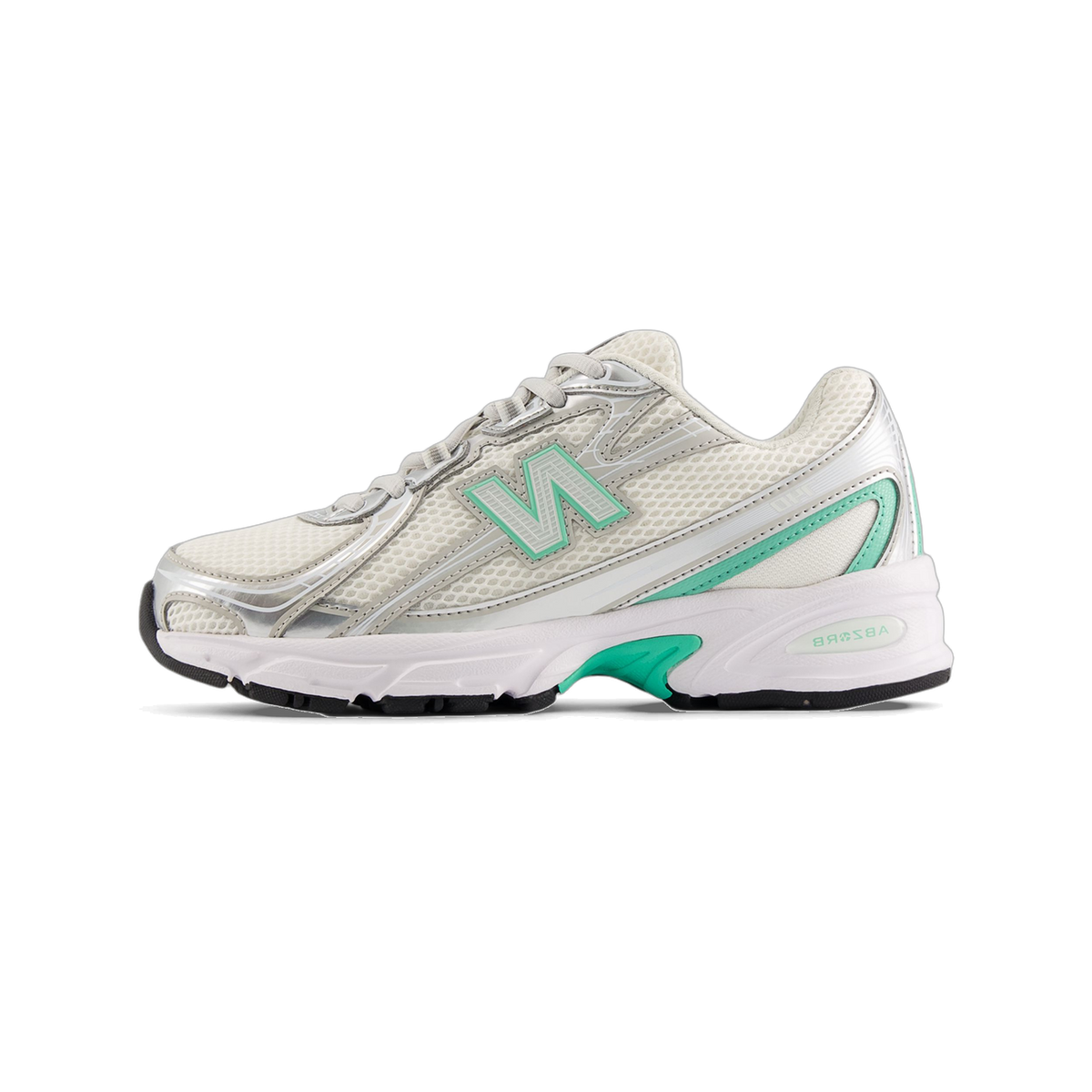 Side view of a white New Balance 740 sneaker with silver overlays, teal accents on the heel and midsole, and a white ABZORB midsole with black outsole, toe pointing left.