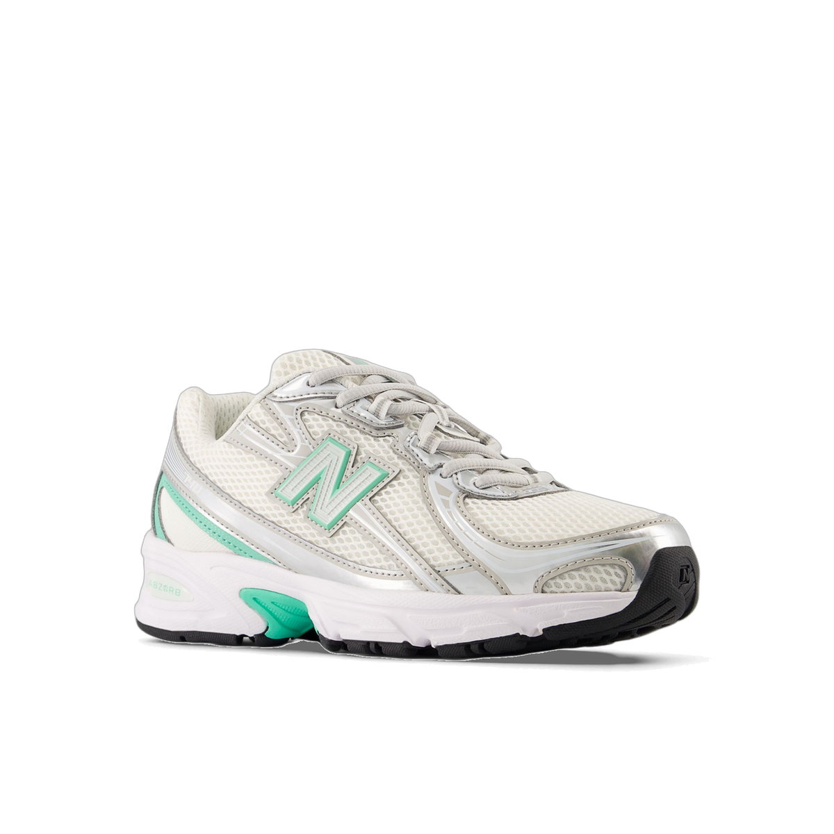 Angled side view of a white and silver New Balance 740 sneaker with mint green N logo and heel accents, mesh upper, and white midsole with black outsole.