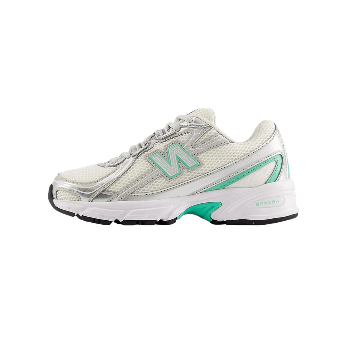 Side view of a white and silver New Balance 740 sneaker with mint green accents and logo, toe pointing left