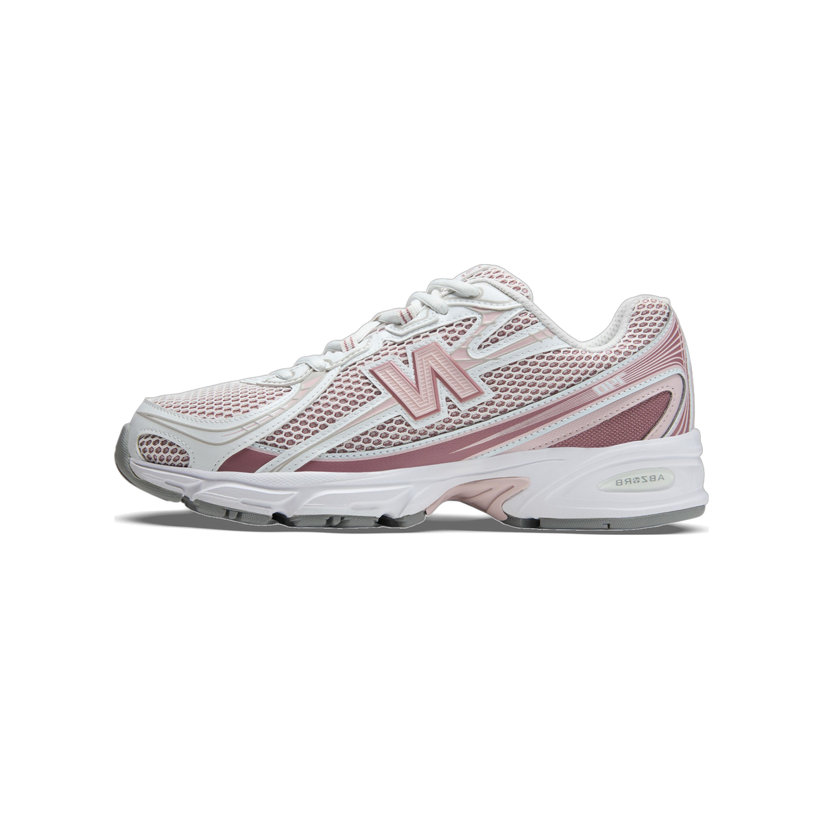 Side view of a white New Balance 740 sneaker with rosewood pink overlays, mesh upper, and ABZORB cushioned sole, toe pointing left.