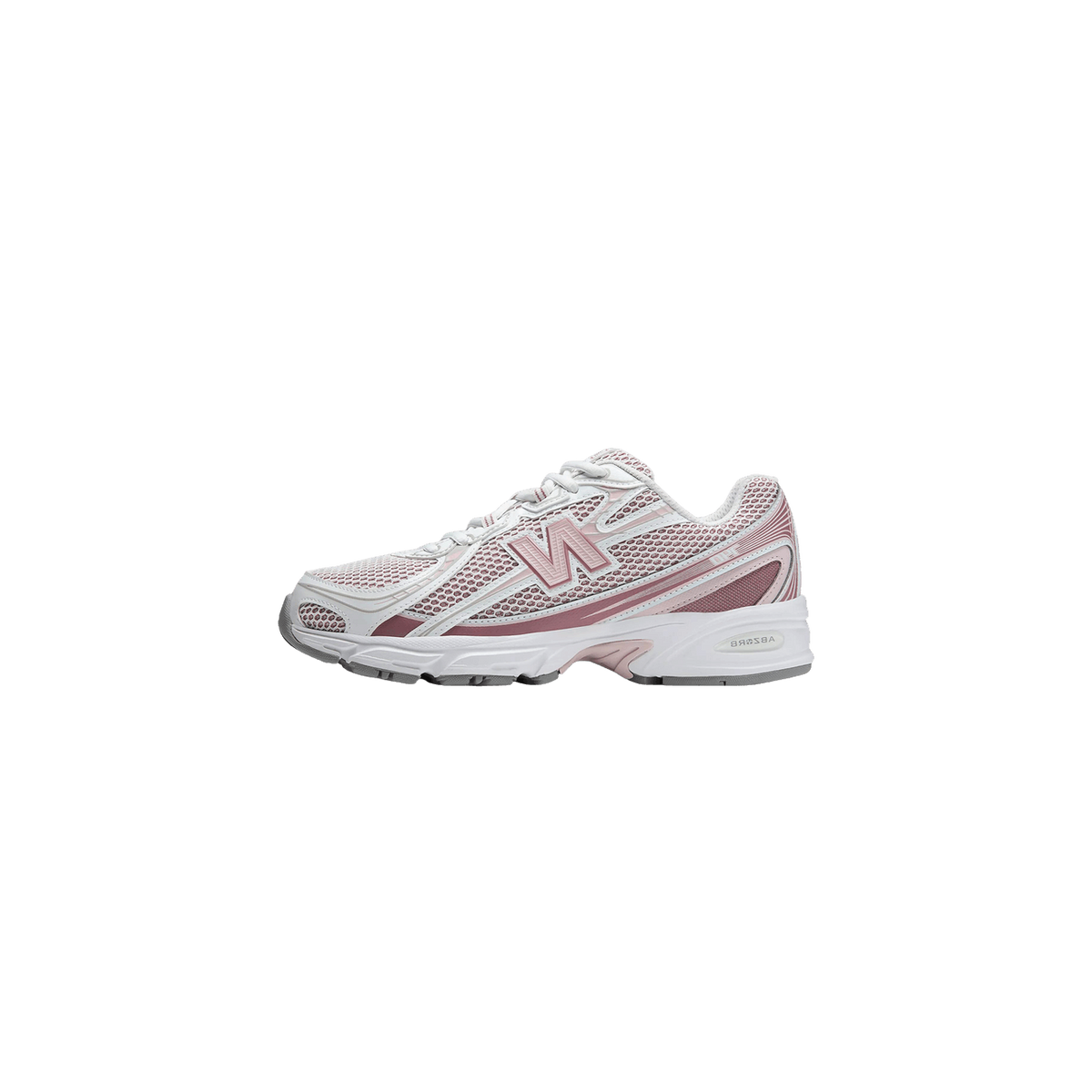 Side view of a white New Balance running shoe with pink and mauve accents, mesh upper, and a chunky white and grey sole featuring an ABZORB label, toe pointing left.