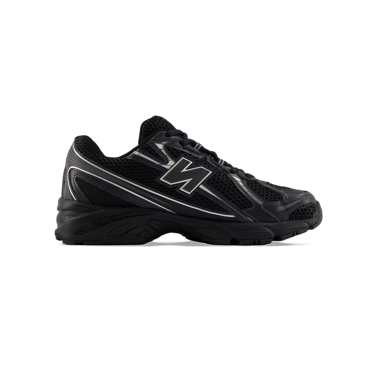Side view of a black New Balance 740v2 sneaker with mesh upper, silver N logo, and chunky black outsole.