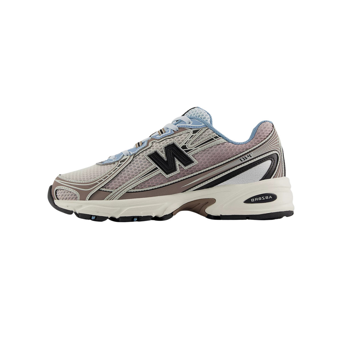 Side view of a New Balance 740v2 running shoe in beige and mauve tones with black N logo, light blue lace and collar accents, and a white ABZORB midsole