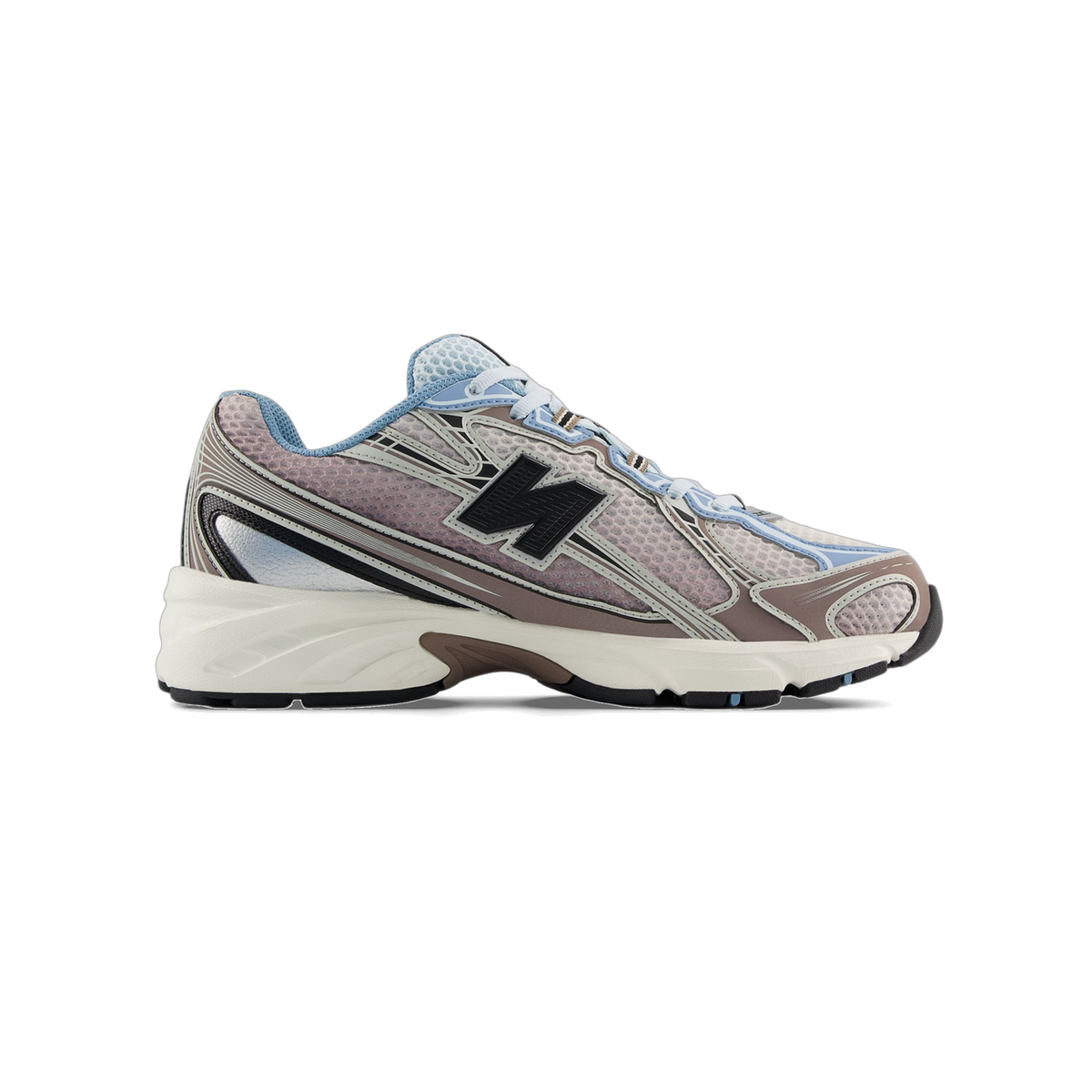Side view of a New Balance 740v2 sneaker in beige and gray mesh with brown overlays, light blue lace accents, black N logo, and a white midsole with black outsole, toe pointing left.