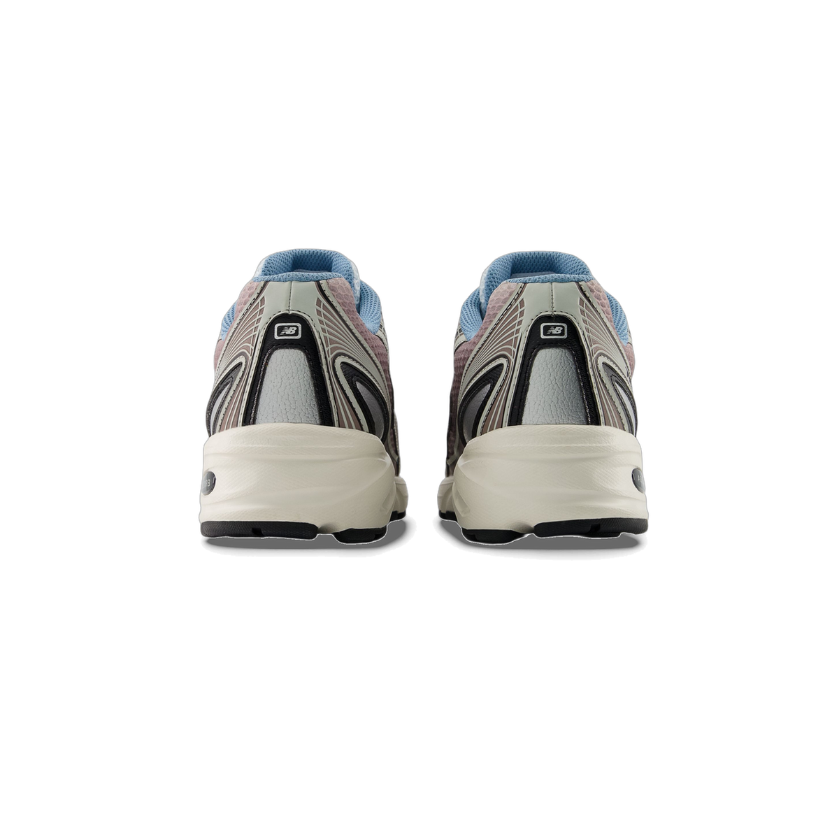 Rear view of a pair of New Balance 740v2 sneakers showing beige, mauve, and light blue uppers with cream midsoles and black outsoles