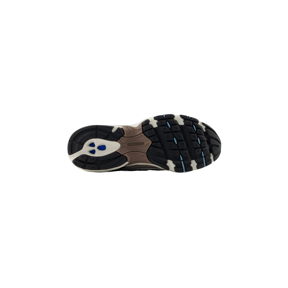 Bottom view of a New Balance 740v2 sneaker showing a black lugged outsole with tan and off-white accents and blue heel inserts, plus the New Balance logo on the arch.