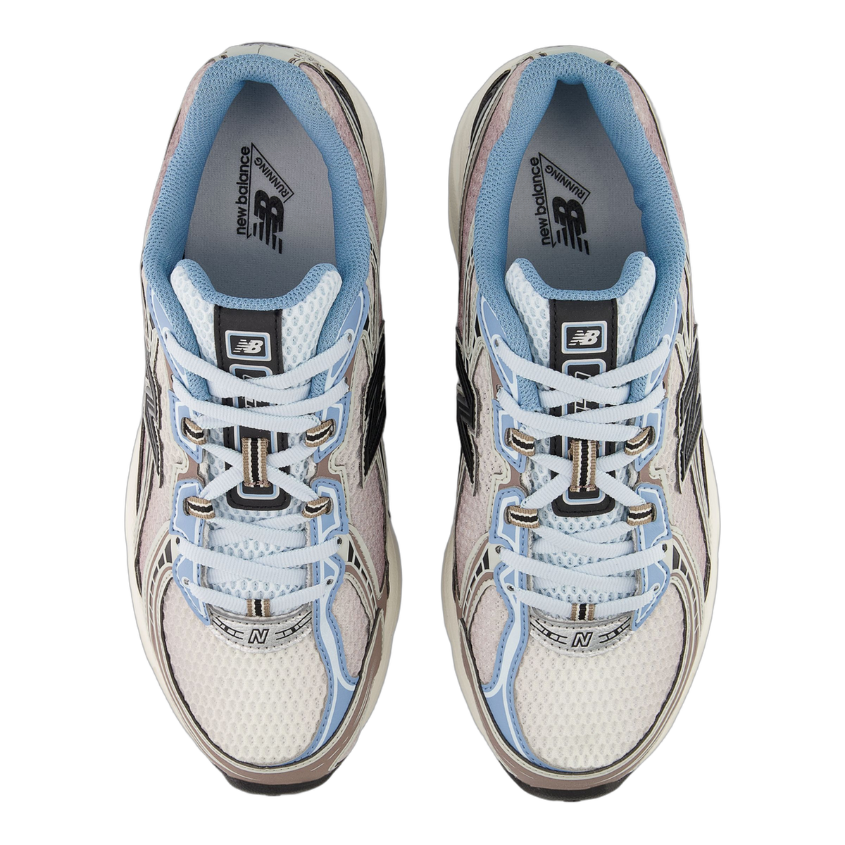 Top-down view of a pair of New Balance sneakers with light blue laces and collar, grey and mauve mesh upper, black side panels, and New Balance branding on the tongue and insole.