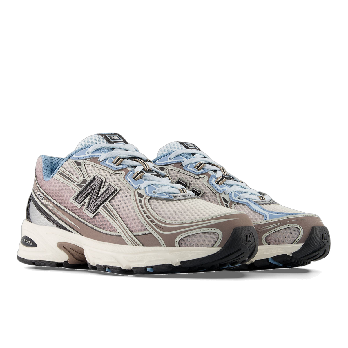 Pair of New Balance 1540 sneakers in beige, mauve, and light blue with grey mesh overlays and white midsoles, angled toward the left