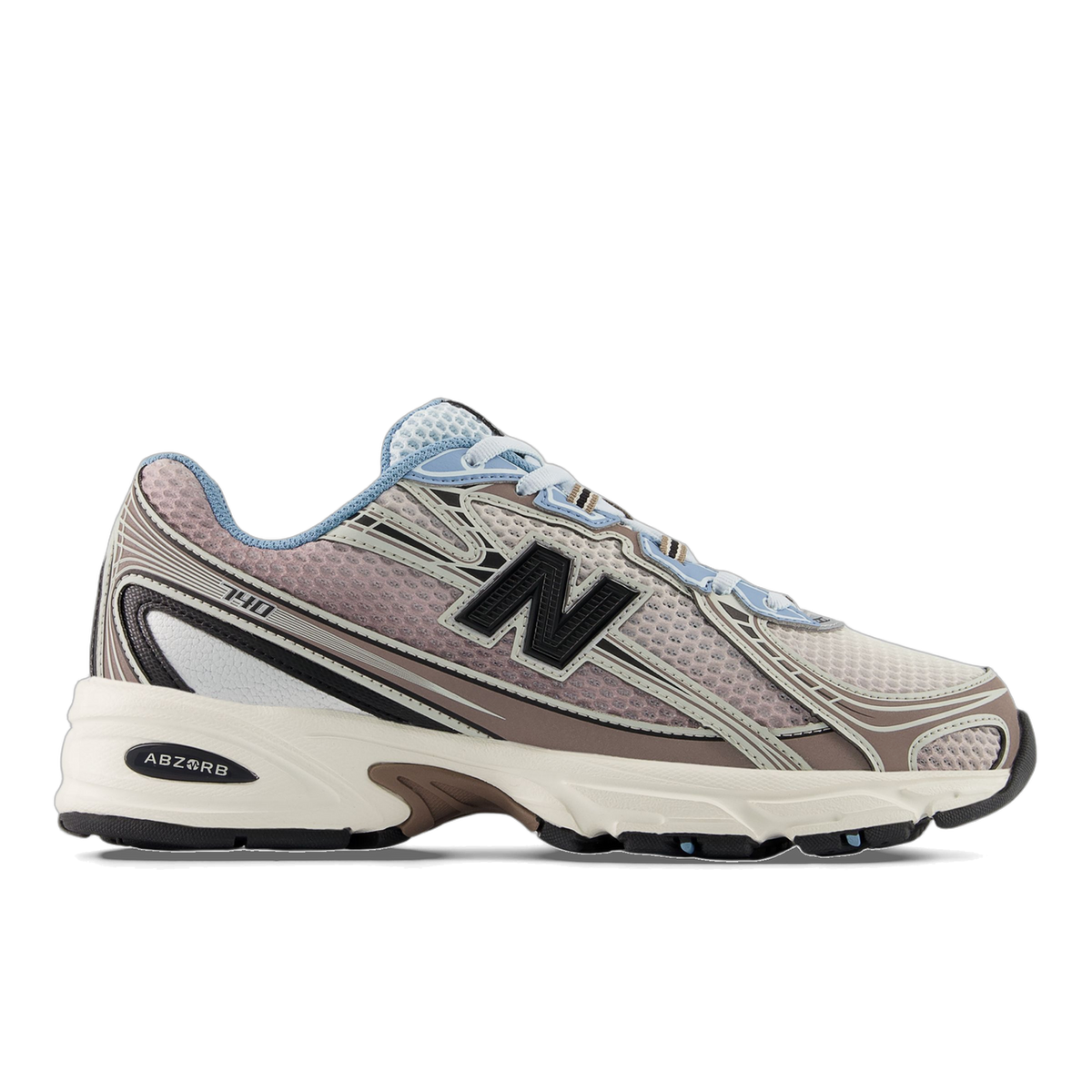 Side view of a New Balance 740v2 sneaker in beige and mauve mesh with a black N logo, light blue lace eyelets and collar, and a white Abzorb midsole with black outsole, toe pointing left.