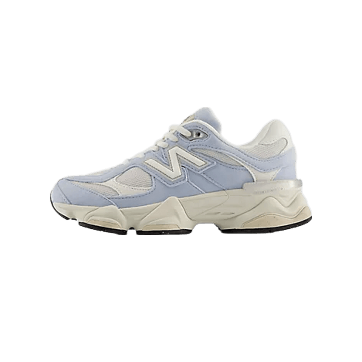 Side view of a light blue and off-white New Balance 9060 sneaker with toe pointing left, showing the white N logo and chunky two-tone midsole