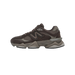 Side view of a brown New Balance 9060 sneaker with tonal suede and mesh panels, chunky layered sole, and a grey heel clip featuring the N logo.