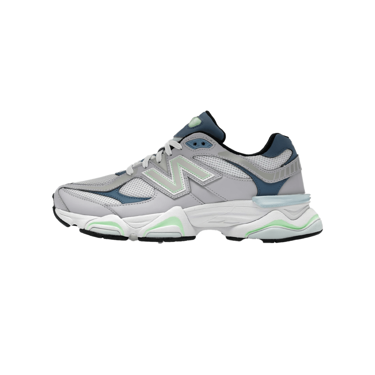 Side view of a gray New Balance 9060 sneaker with blue heel accents, mint green logo and midsole details, and a chunky white sole, toe pointing left.