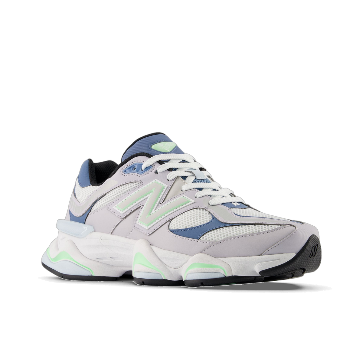 Angled side view of a gray New Balance 9060 sneaker with blue overlays, mint green accents, and a chunky white midsole featuring the N logo in gray and green.