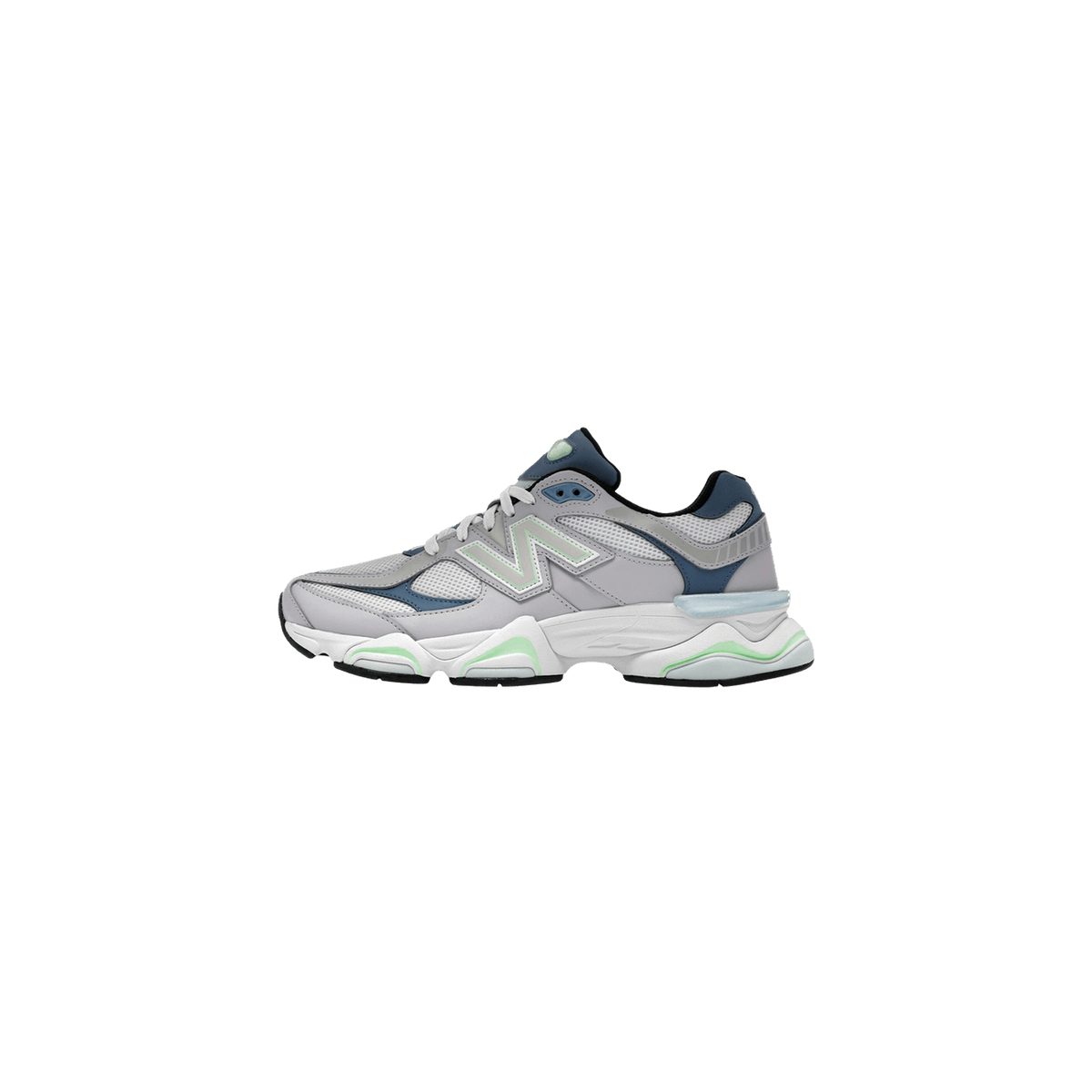 Side view of a gray New Balance 9060 sneaker with blue overlays, mint green accents, and a chunky white midsole, toe pointing left