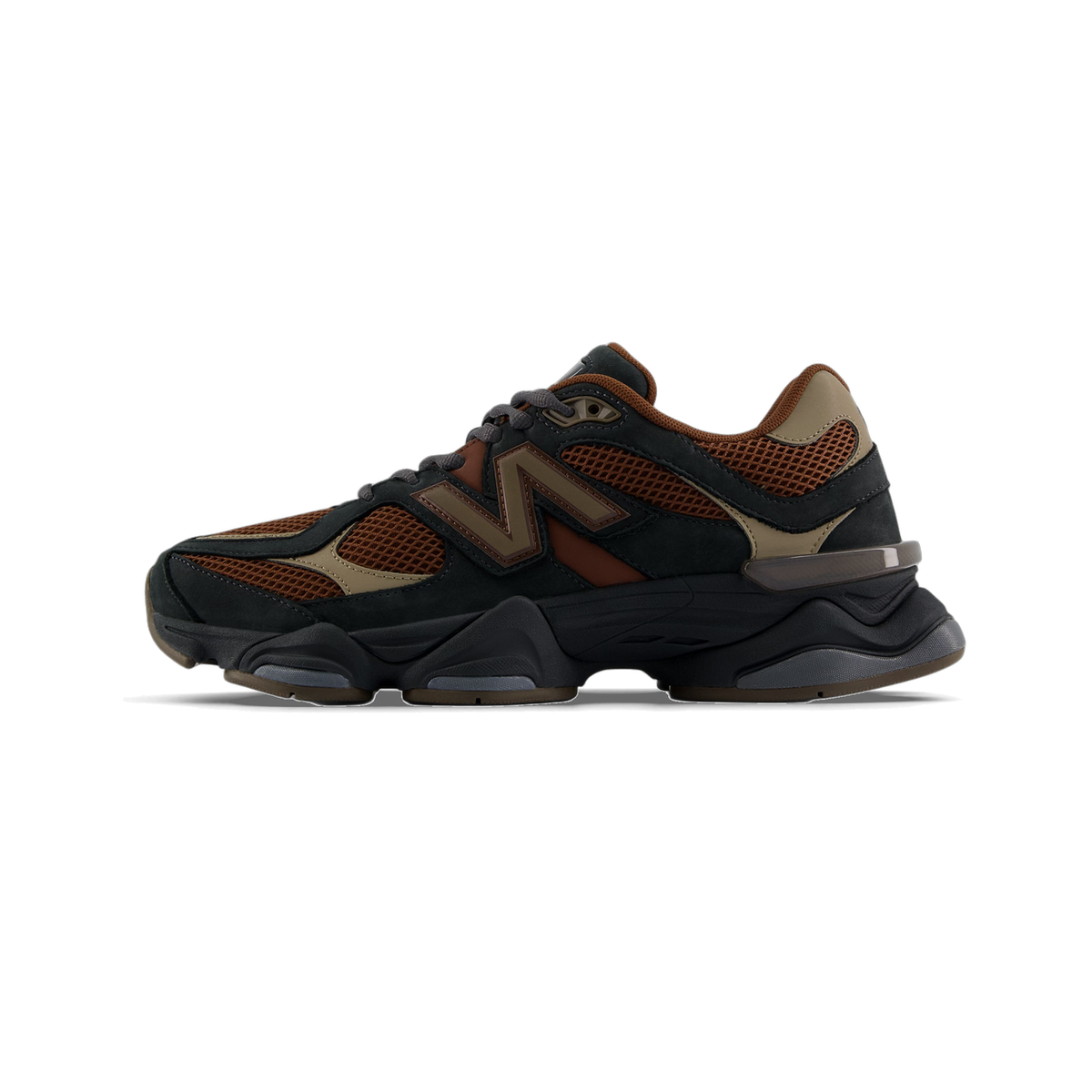 Left shoe lateral view of a New Balance 9060 in black, brown, and beige with the N logo facing outward and toe pointing left