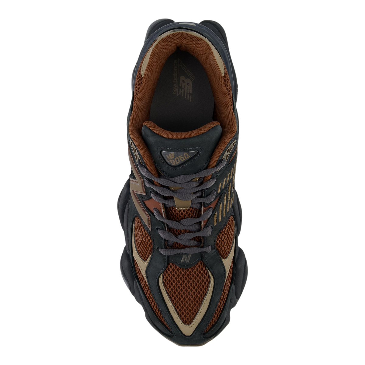 Top-down view of a brown, beige and dark grey New Balance 9060 sneaker showing the laces, mesh tongue with 9060 logo, and N branding on the side.