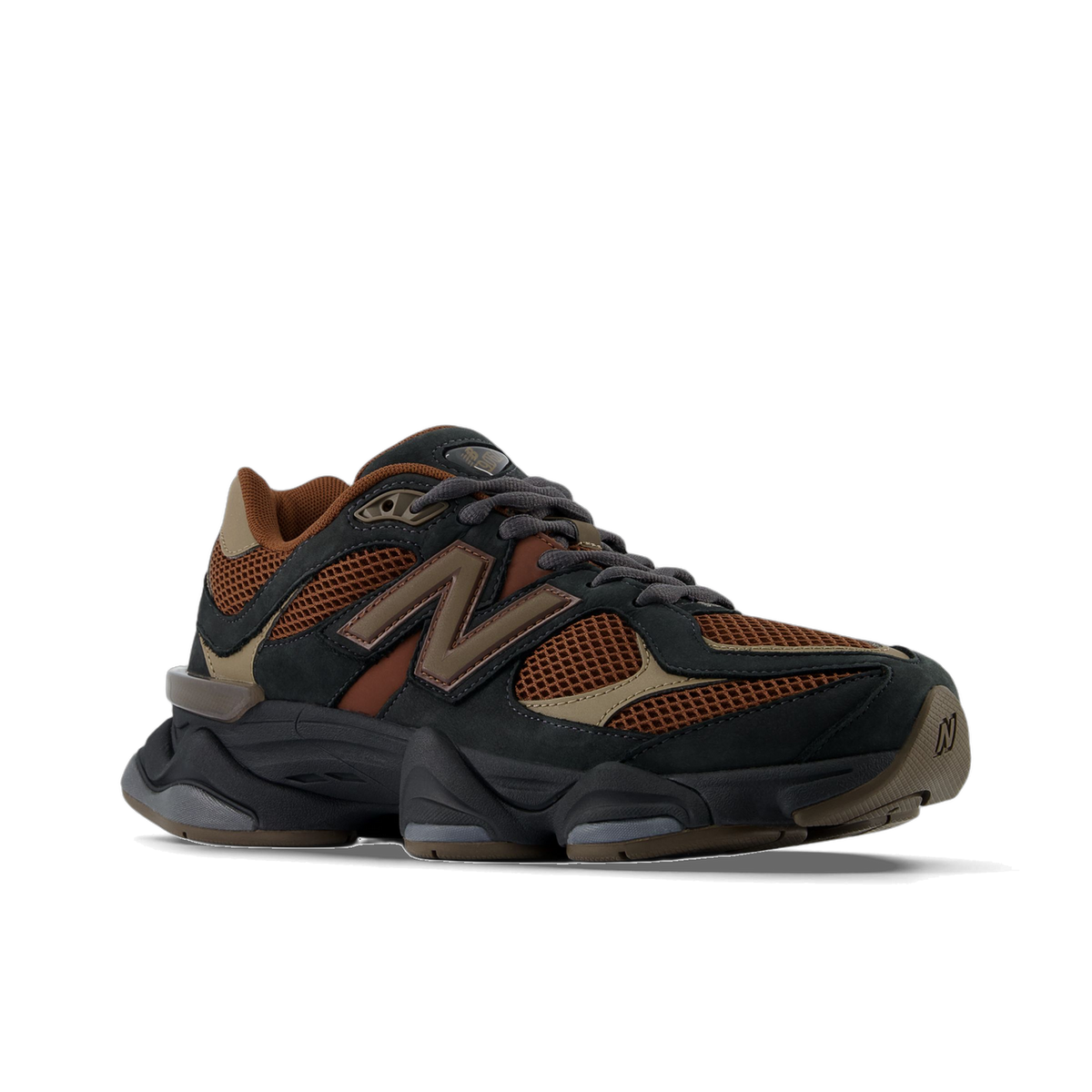 Side view of a New Balance 9060 sneaker in black, brown, and tan with a chunky sole and large N logo on the lateral side