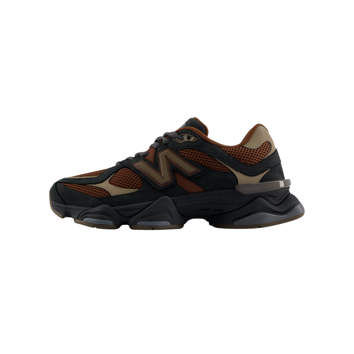 Left shoe side view of a New Balance 9060 sneaker in brown, beige, and dark gray with mesh panels and a chunky black midsole featuring the N logo