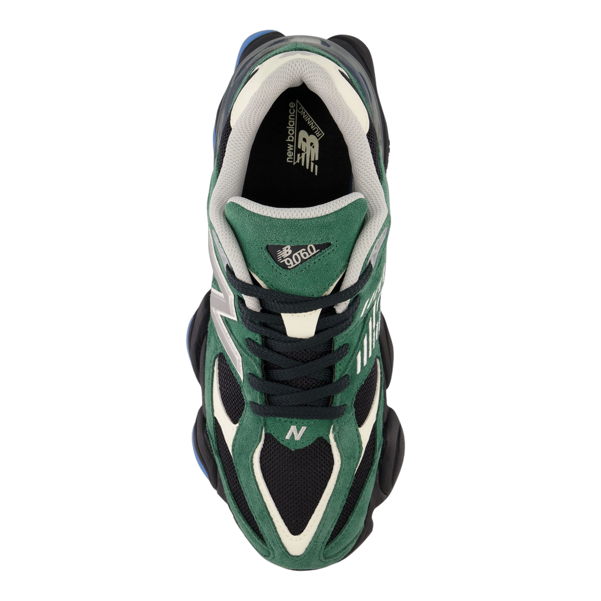 Top-down view of a green, black, and white New Balance 9060 sneaker showing the laces, tongue with 9060 branding, and N logo on the toe box.