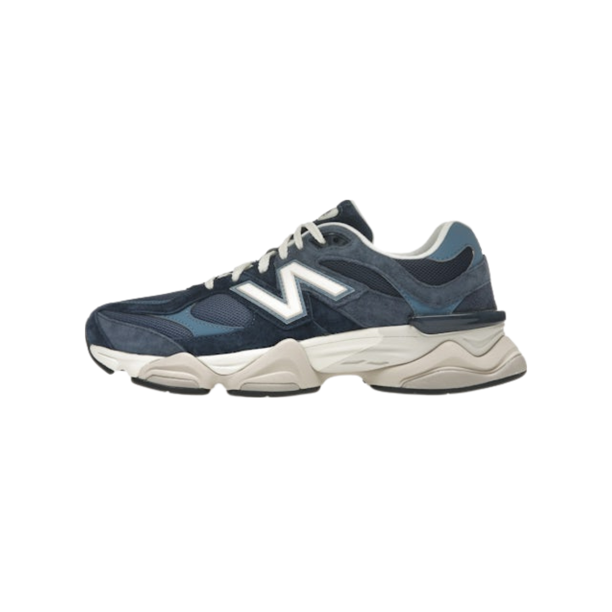Side view of a navy blue New Balance 9060 sneaker with a white logo, toe pointing left, and a chunky off-white midsole
