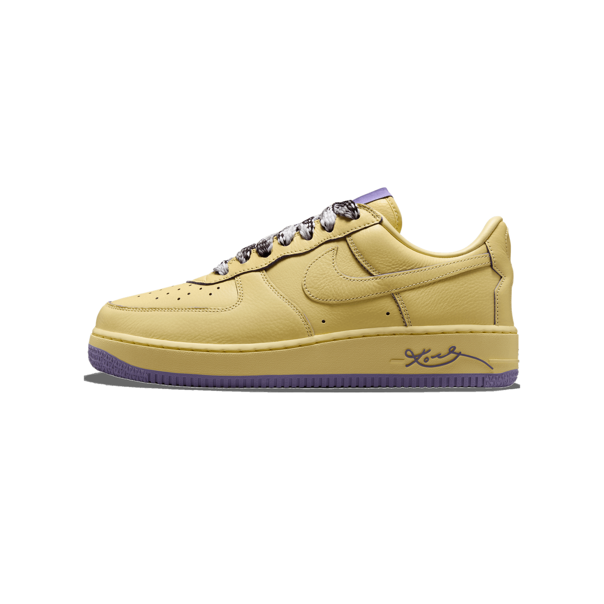 Side profile of a yellow Nike Air Force 1 Low with a textured leather upper, black-and-white laces, a purple heel tab and purple outsole edge, and a purple script signature logo on the midsole, toe pointing left.