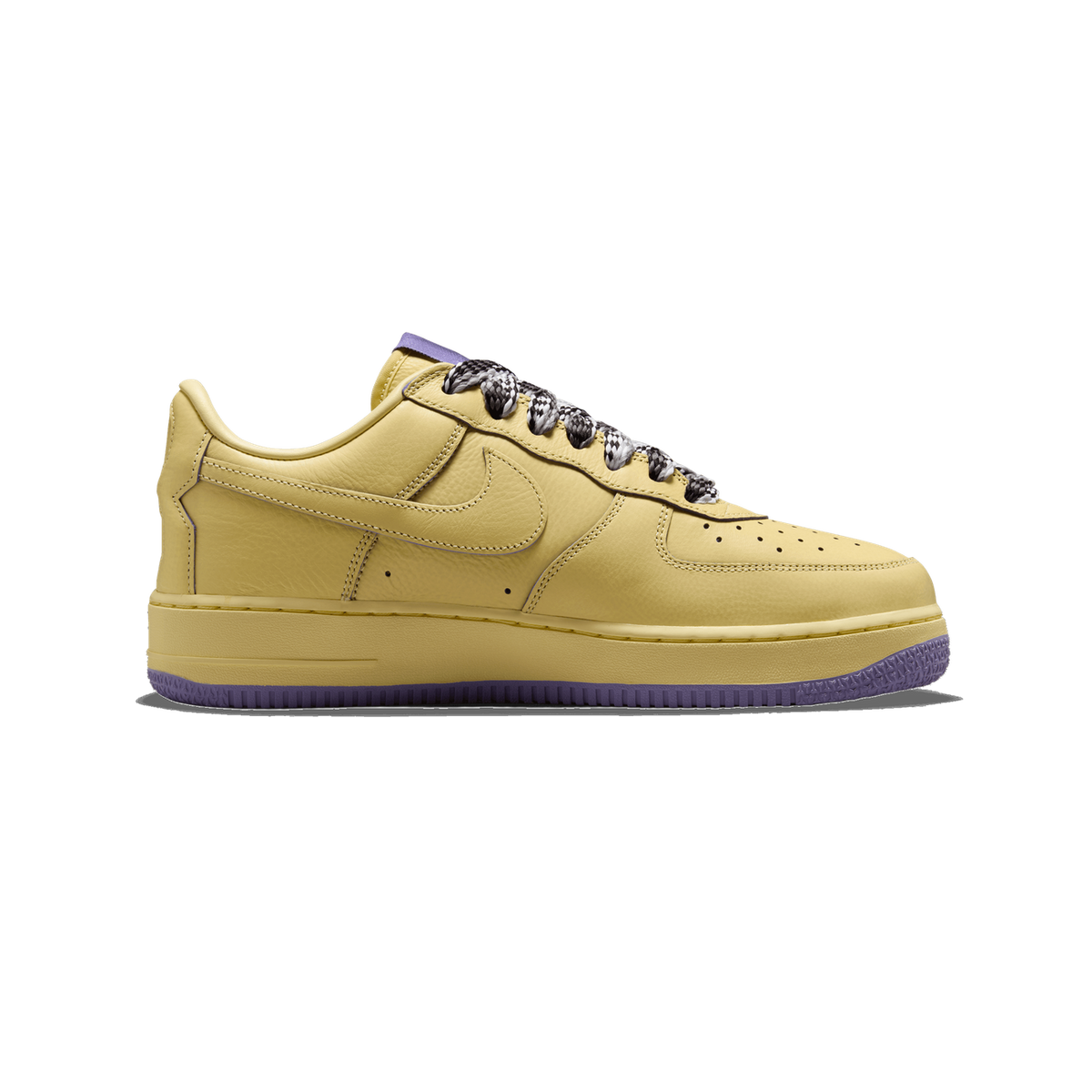 A single yellow leather Nike Air Force 1 Low shoe shown from the side, toe pointing left, with a Swoosh logo on the side panel, black and white checkered laces, and purple accents on the heel tab and outsole.
