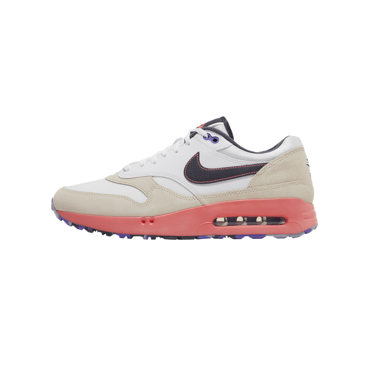 Right side view of a white and tan Nike Air Max 1 '86 golf shoe with a navy swoosh, coral midsole and visible Air bubble unit, and purple accents on the outsole.