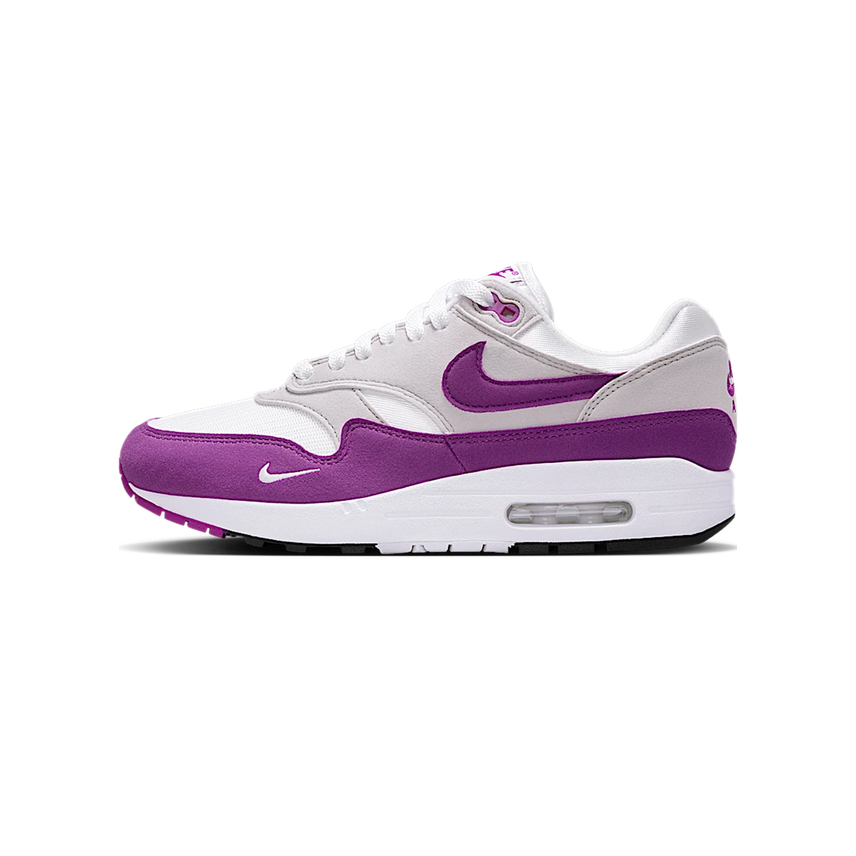 Left Nike Air Max 1 sneaker in white, grey, and bold berry purple with toe pointing left, showing the side Swoosh logo and visible Air Max heel unit