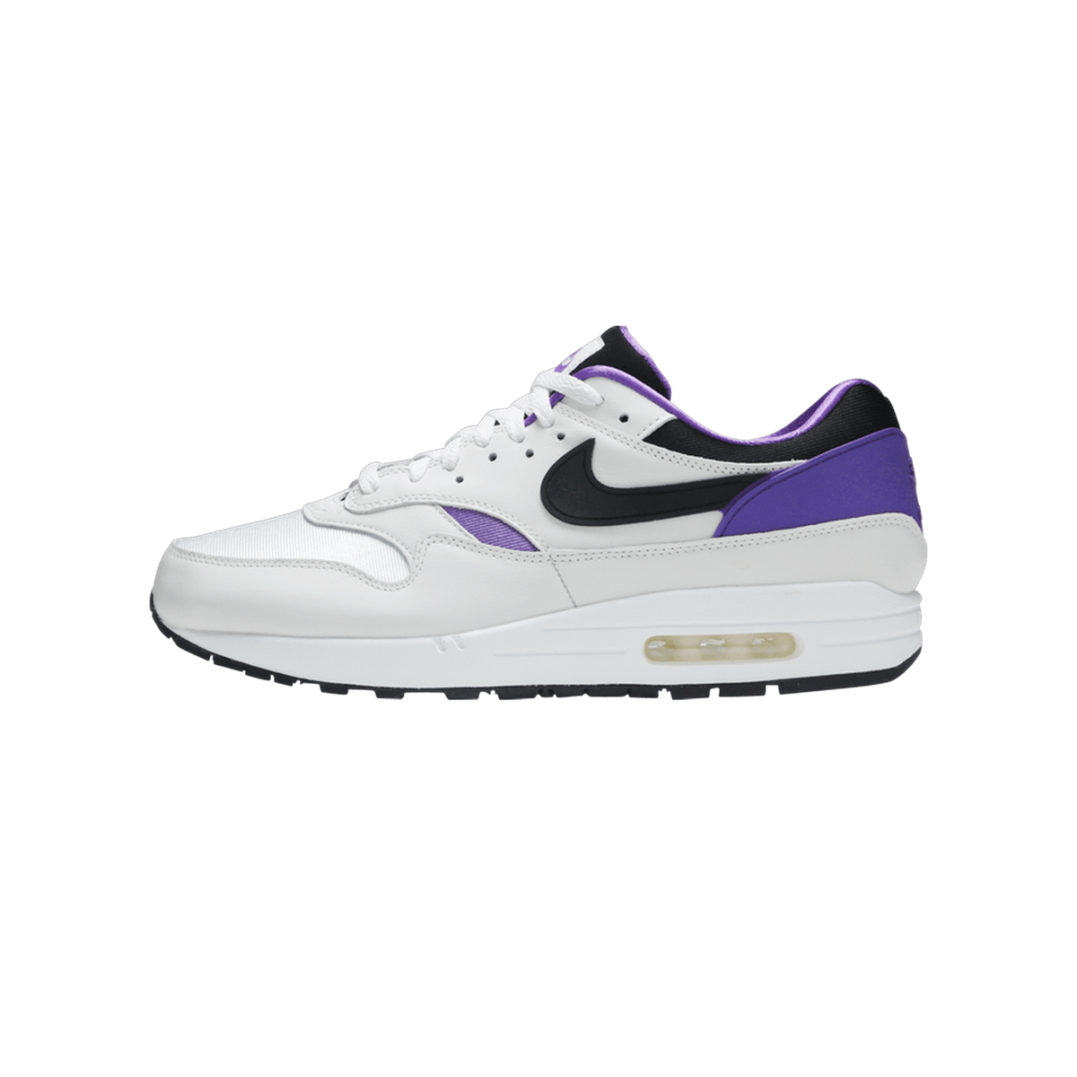 Left shoe side view of a white Nike Air Max 1 sneaker with black swoosh, purple accents on heel and midfoot, and visible air unit in the white midsole