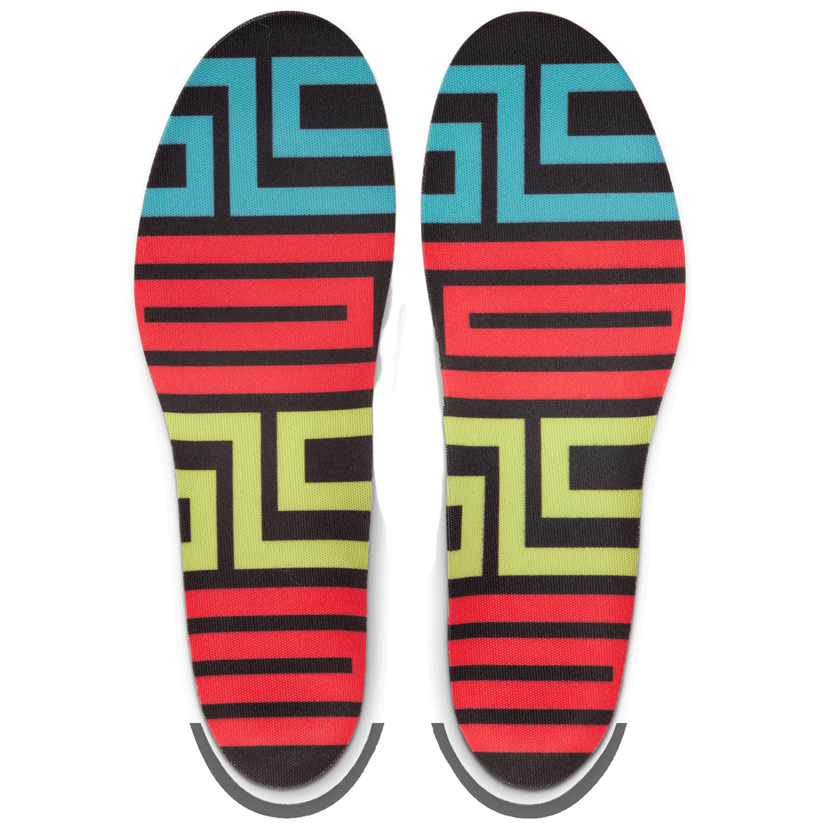 Pair of removable shoe insoles printed with teal, red, and yellow geometric maze-like patterns on a black background.