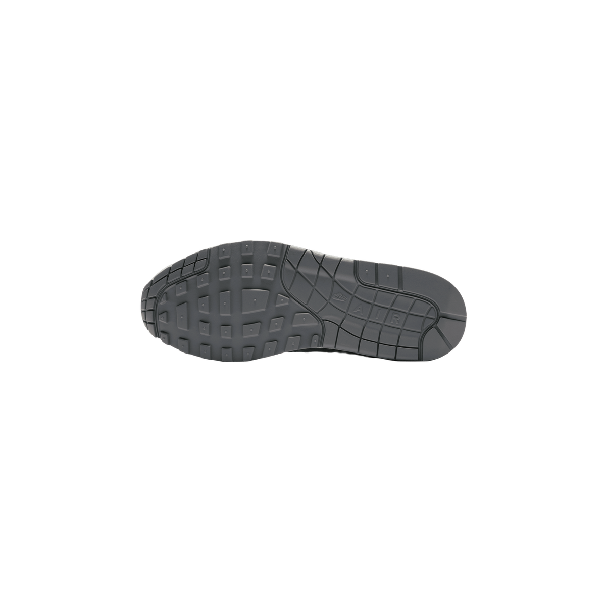 Underside of a grey Nike Air Max 1 sneaker showing the full grey rubber outsole with a tread pattern, the Nike swoosh logo, and the word AIR printed in the heel area.
