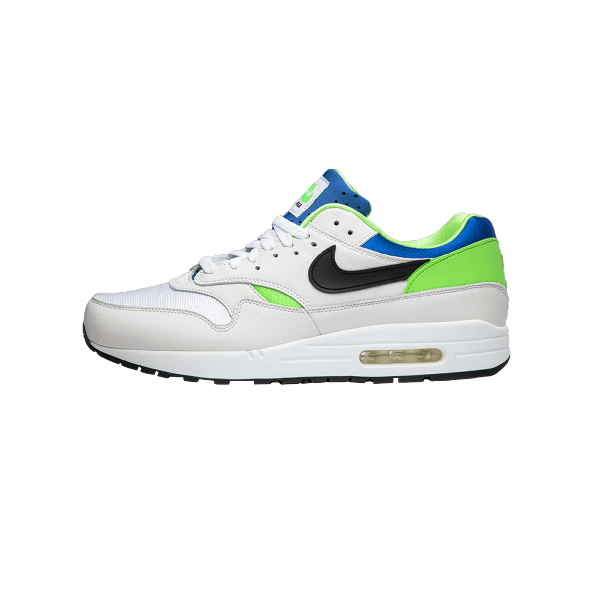 Side view of a white Nike Air Max 1 sneaker with a black swoosh, green accents, and blue heel tab, toe pointing left