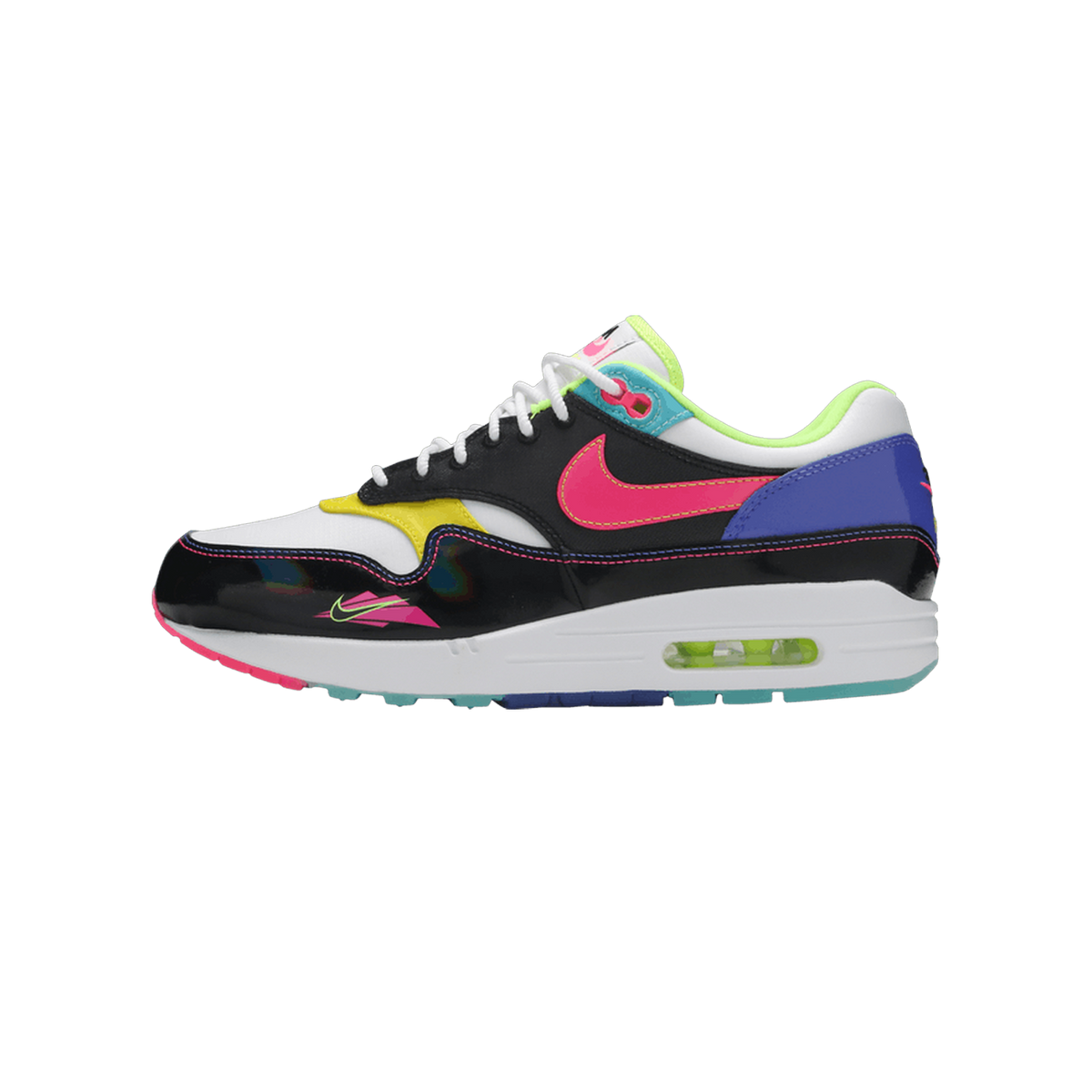 Side view of a Nike Air Max 1 sneaker with a black patent-look upper, pink swoosh, yellow accents, blue heel panel, teal trim, and visible Air cushioning in the sole.